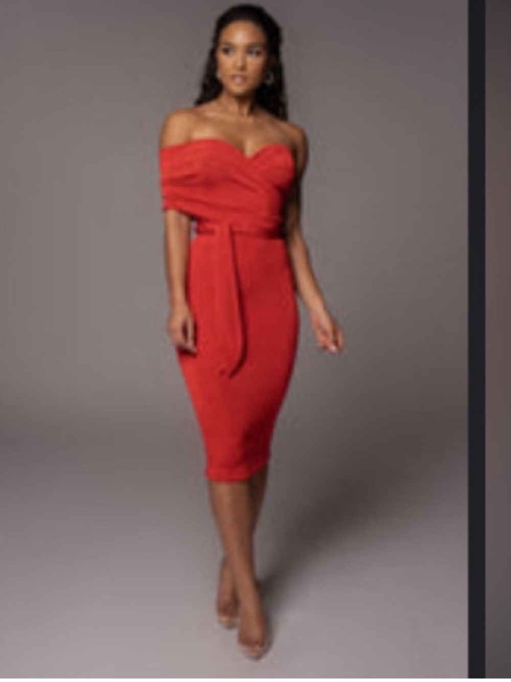 Off-Shoulder Red Bodycon Dress with Waist Tie